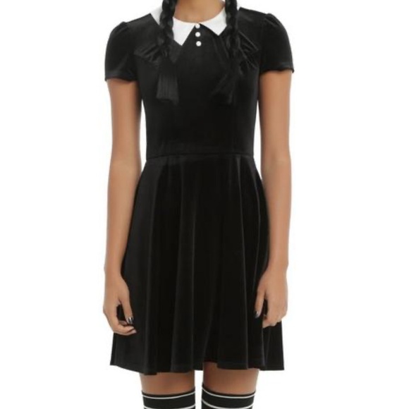 HOT TOPIC Black Velvet Dress with White Collar MD Women - Picture 4 of 9